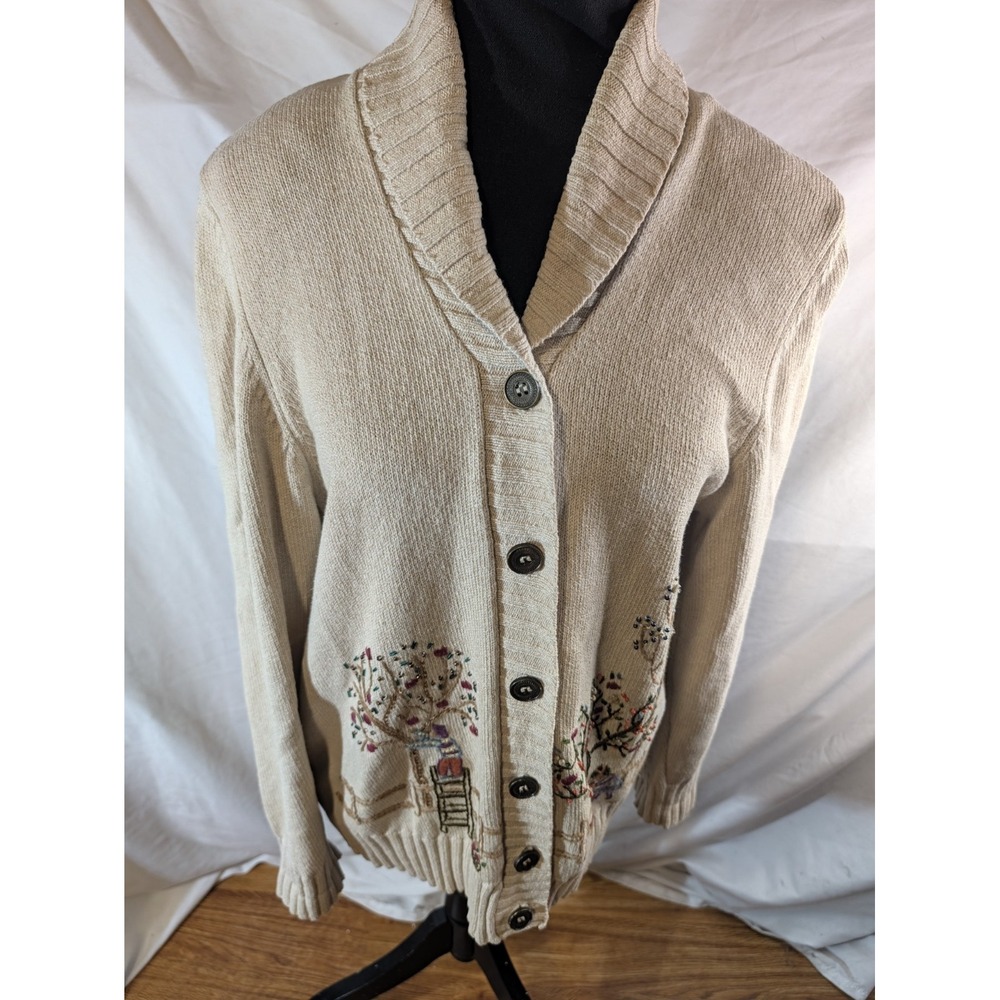 Alfred Dunner Size M Cotton Blend Cardigan Sweater Embroidered Apple Picking